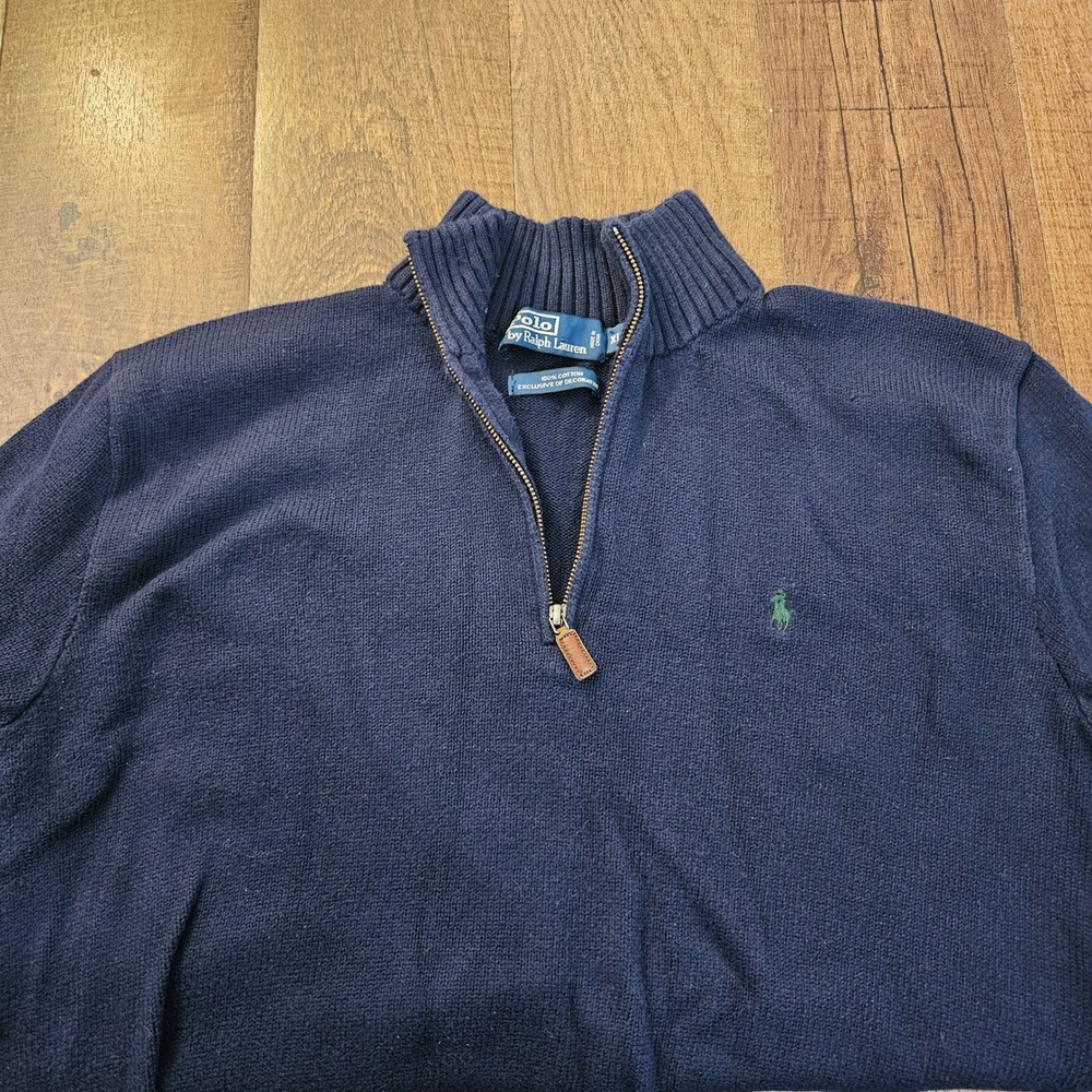Polo Ralph Lauren Mens Quarter Zip Sweater XL Navy Blue Green Pony 100% Cotton